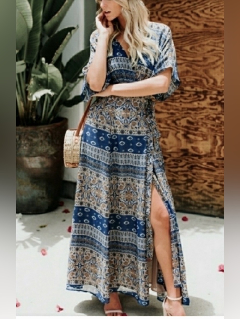 Vici Blue and Tan Boho Maxi Dress